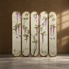 Wisteria Arcade Screen - Arched Wisteria and Bird Textile Screen