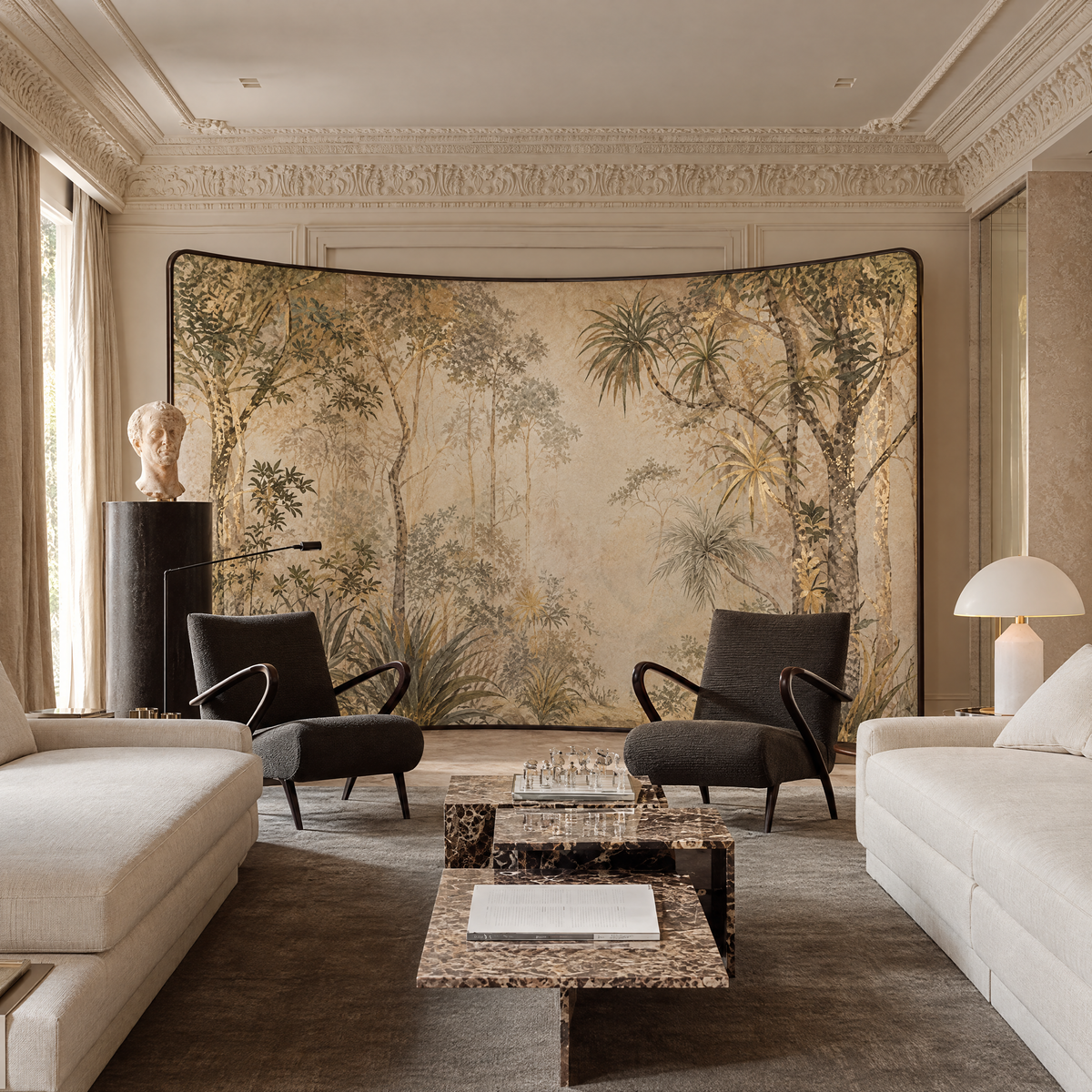 Verdant Reverie Screen - Curved Tropical Botanical Textile Screen