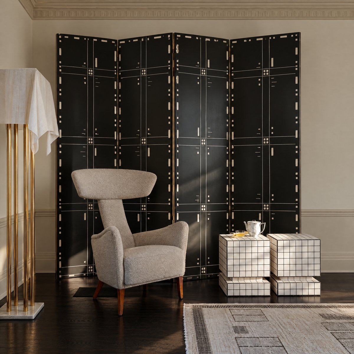 Tessera Screen - Geometric Wood and Shell Inlay Screen