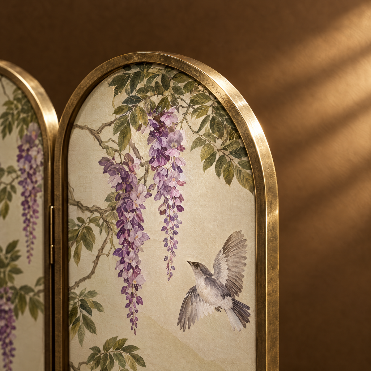 Wisteria Arcade Screen - Arched Wisteria and Bird Textile Screen