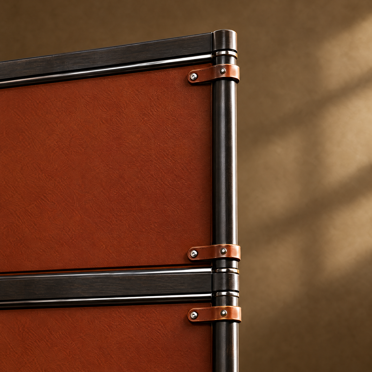 Clubroom Screen - Leather and Wood Grid Screen
