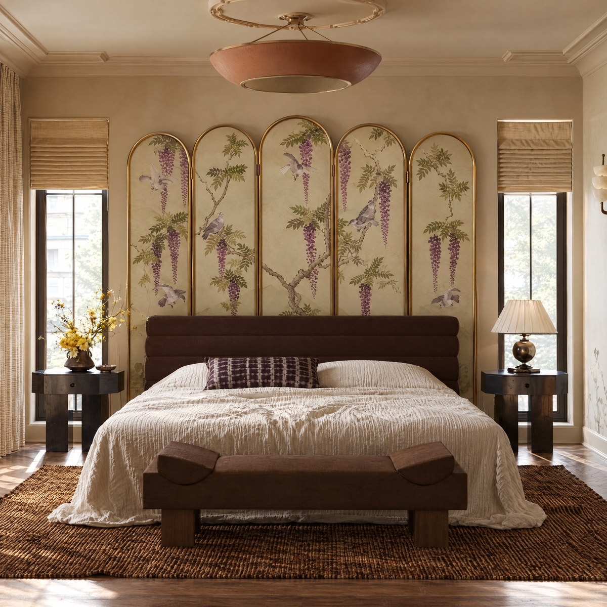 Wisteria Arcade Screen - Arched Wisteria and Bird Textile Screen