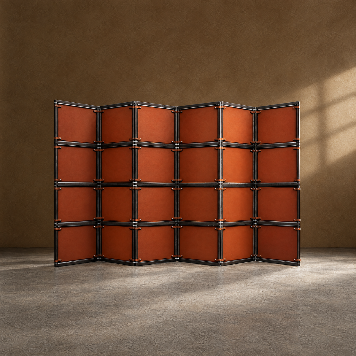 Clubroom Screen - Leather and Wood Grid Screen