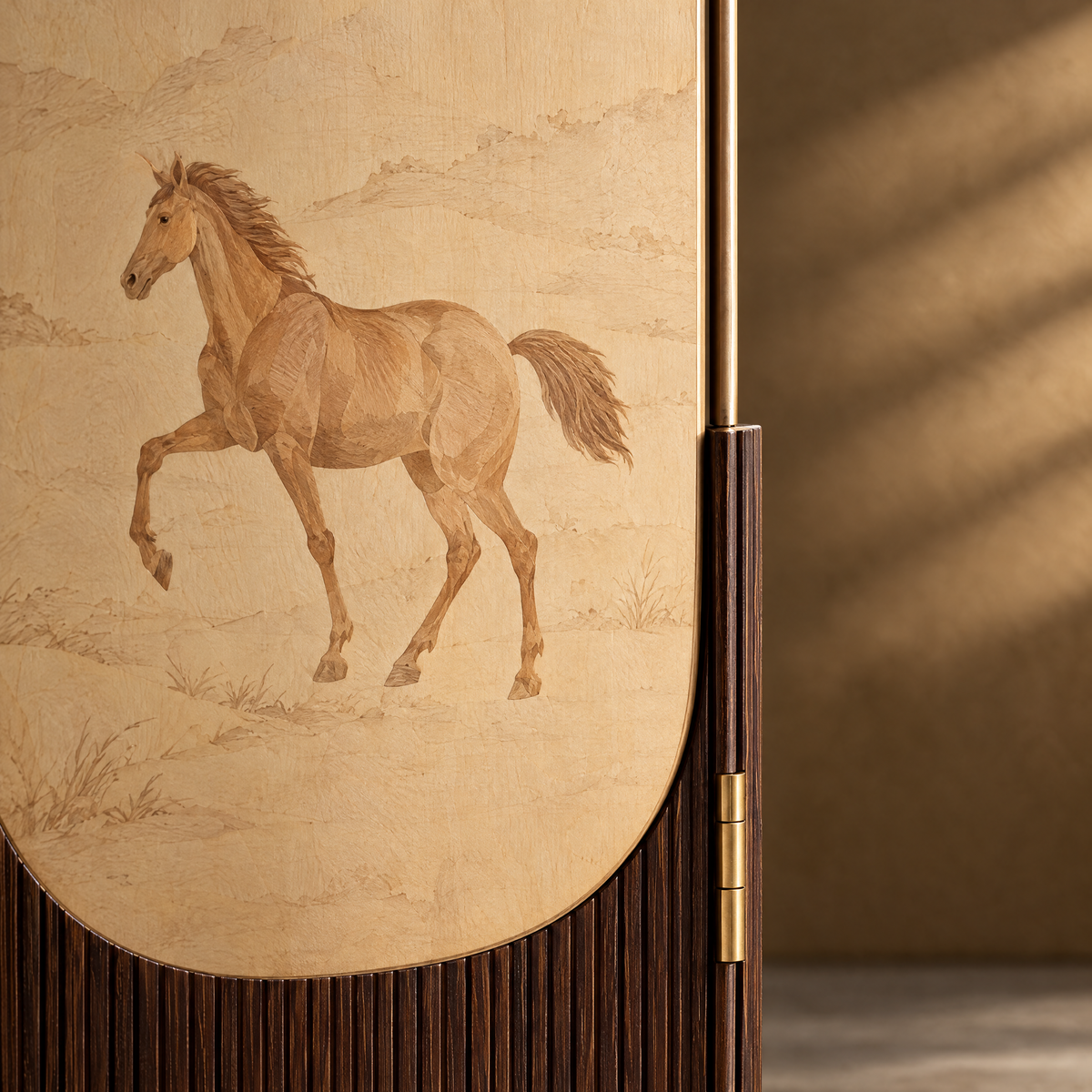 Horse motif and hinge detail on folding screen