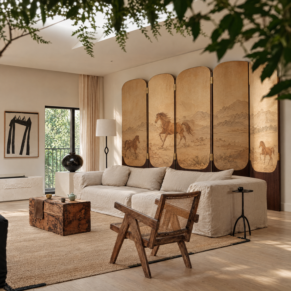 Equestrian folding screen in a living room