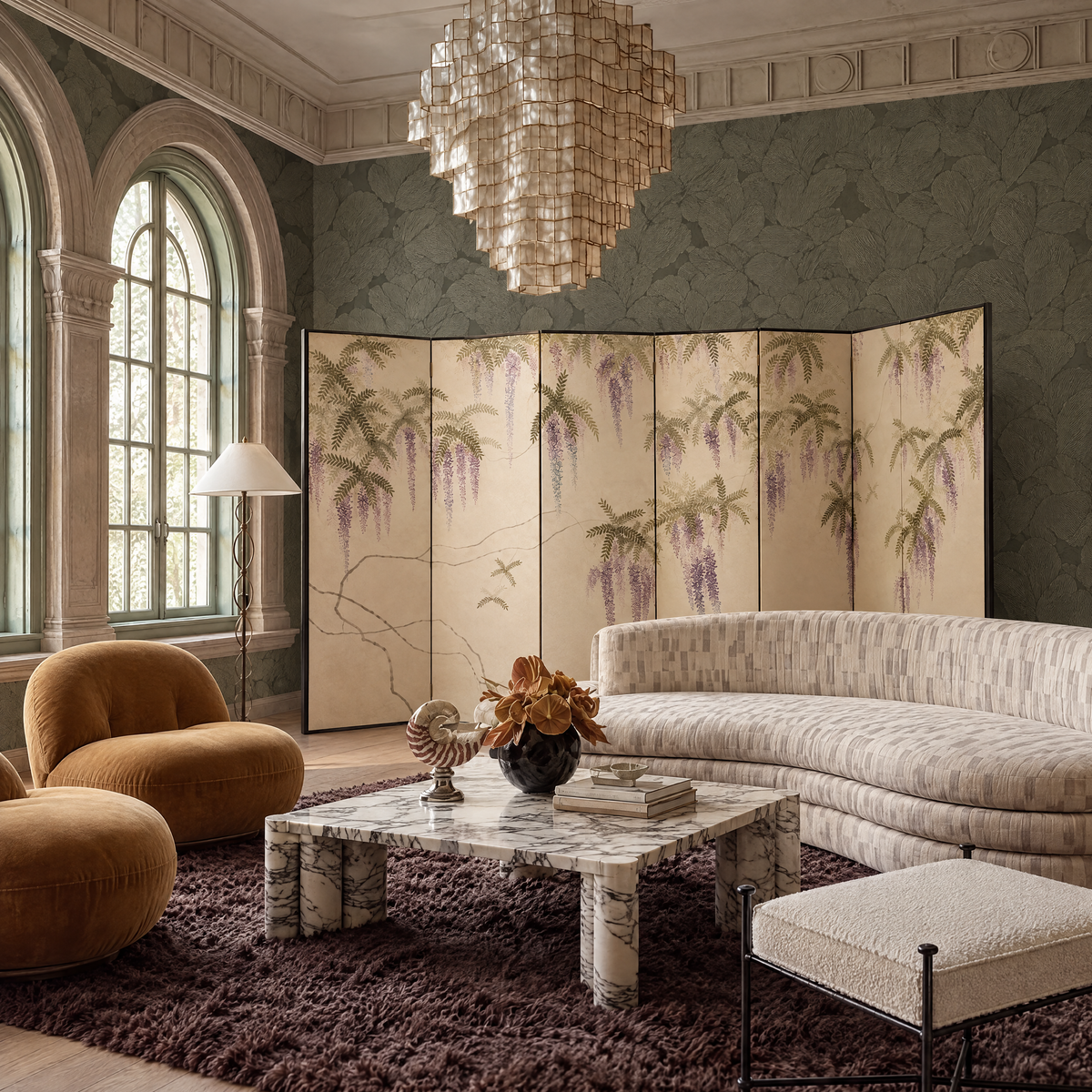 Arbor Song Screen - Wisteria and Bird Textile Screen